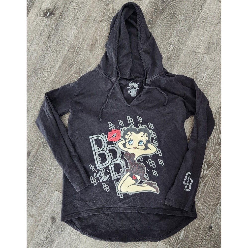 Universal Studios Betty Boop Graphic Hoodie Black Rhinestone V-Neck Large